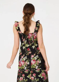 Izabel London Black Floral Frill Sleeveless A Line Midi Dress