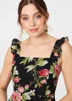 Izabel London Black Floral Frill Sleeveless A Line Midi Dress