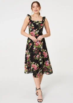 Izabel London Black Floral Frill Sleeveless A Line Midi Dress