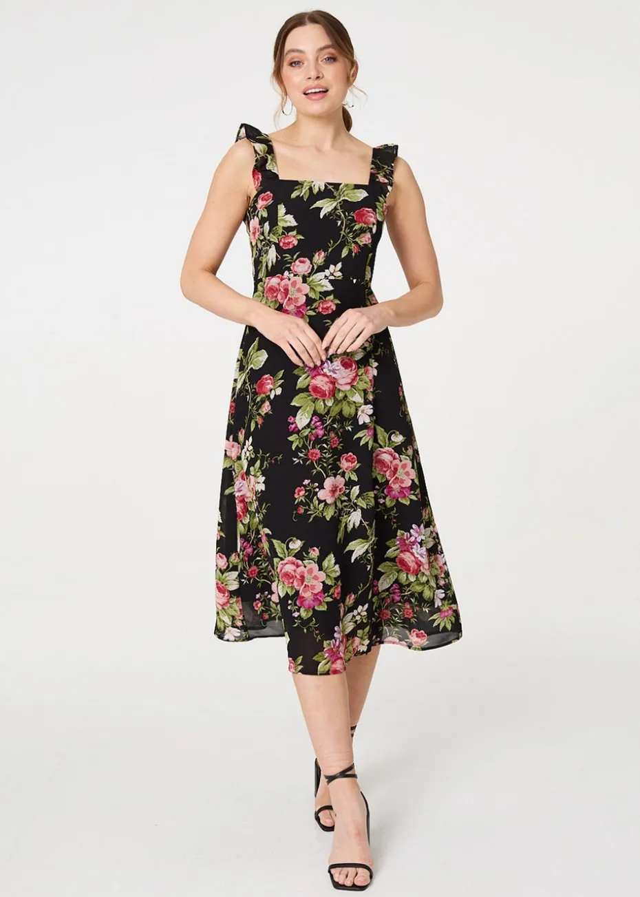 Izabel London Black Floral Frill Sleeveless A Line Midi Dress