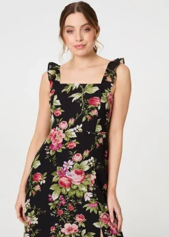 Izabel London Black Floral Frill Sleeveless A Line Midi Dress