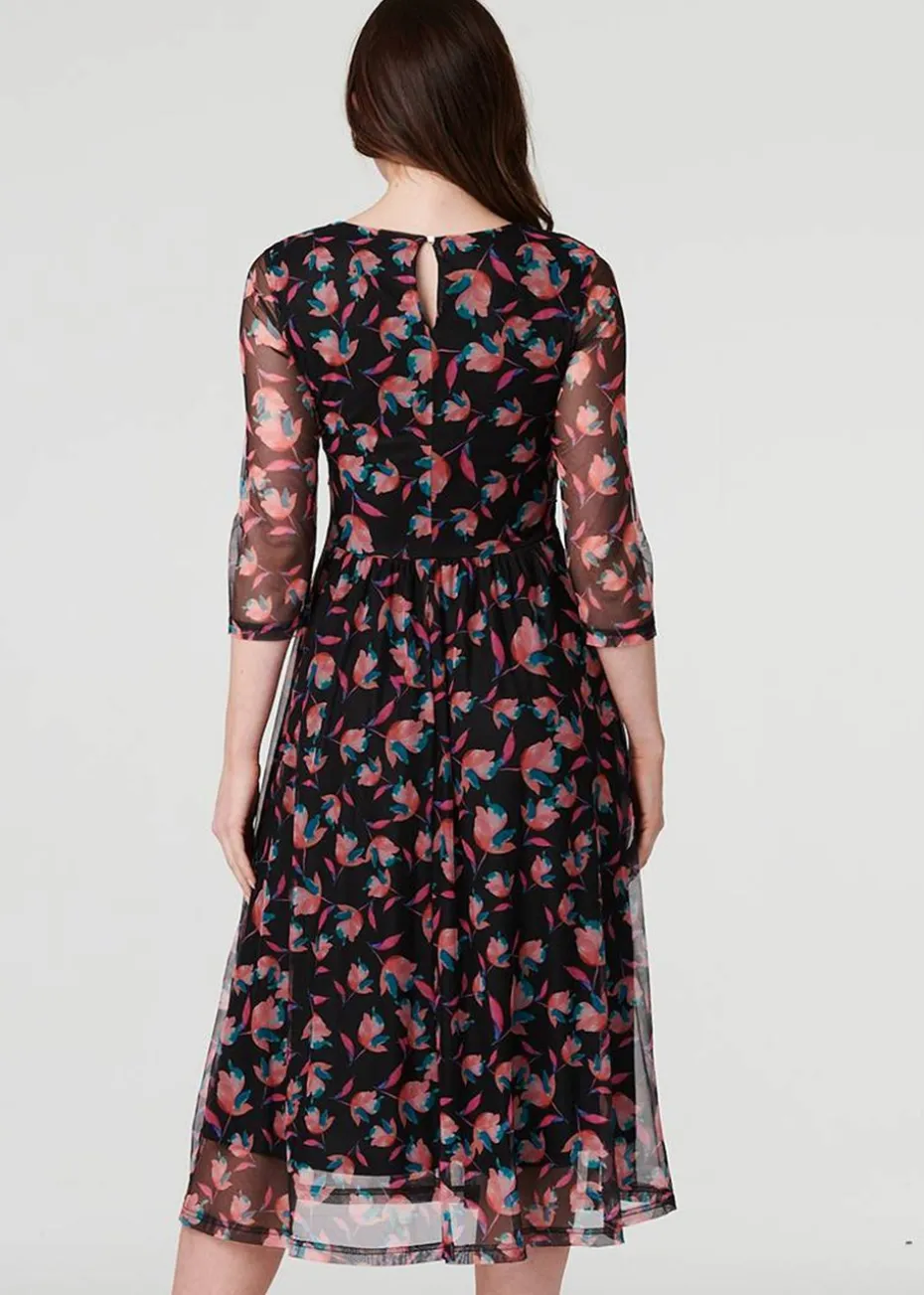 Izabel London Black Floral Semi Sheer Ruched Midi Dress