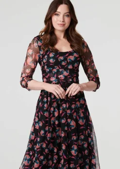 Izabel London Black Floral Semi Sheer Ruched Midi Dress