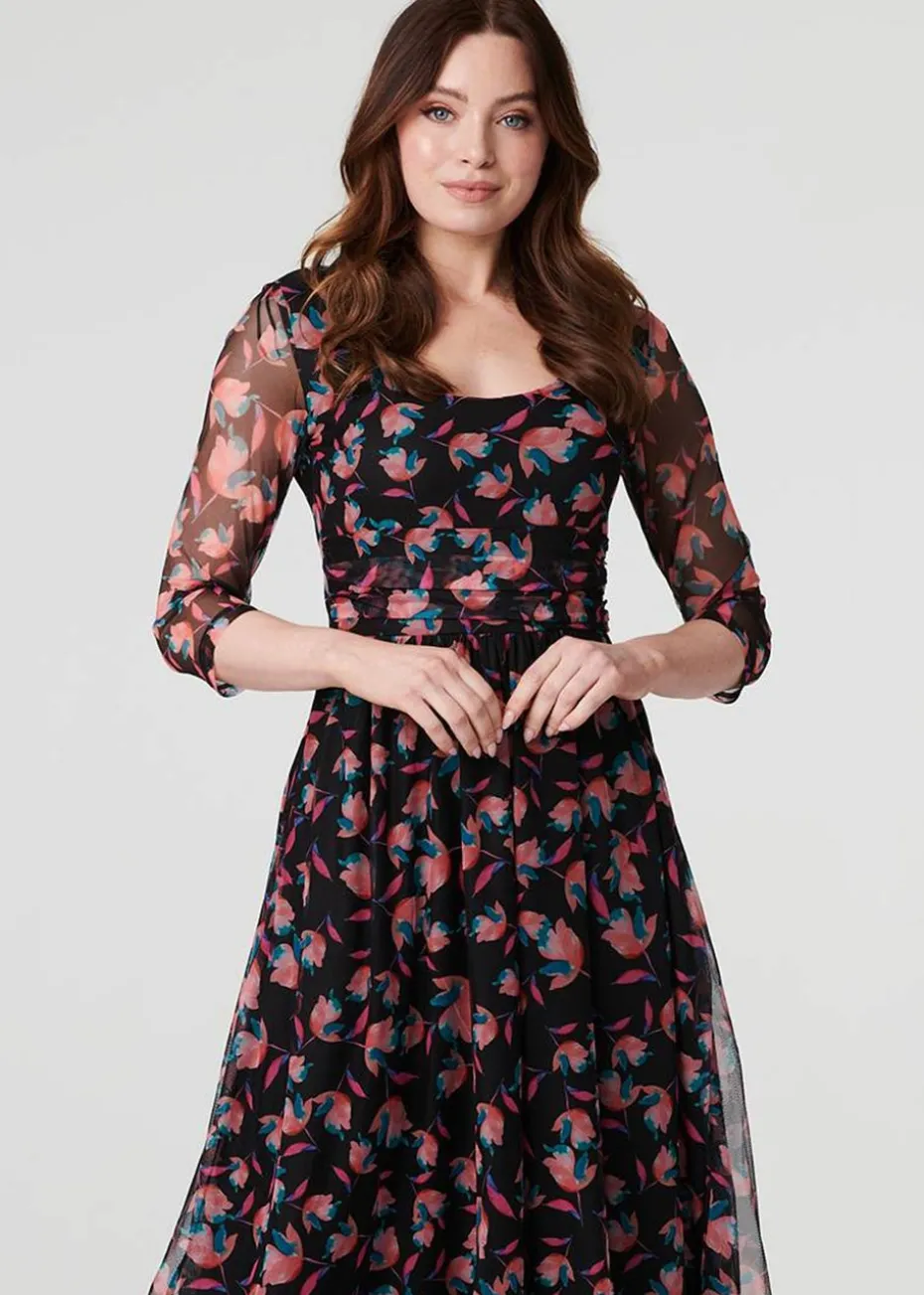 Izabel London Black Floral Semi Sheer Ruched Midi Dress