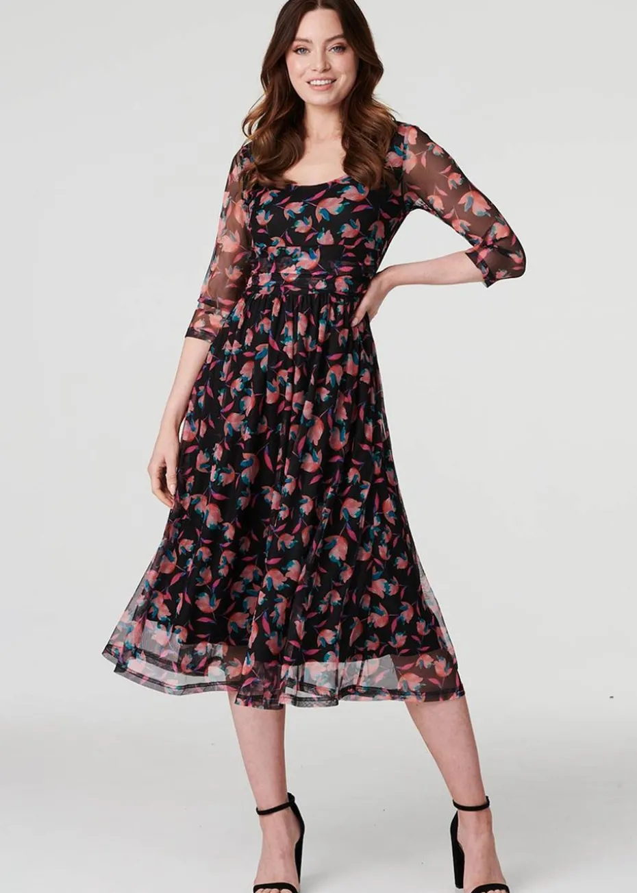 Izabel London Black Floral Semi Sheer Ruched Midi Dress
