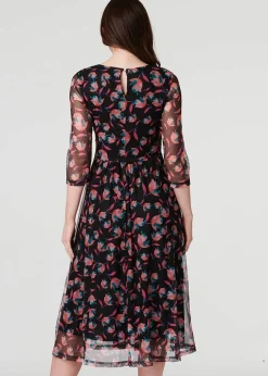 Izabel London Black Floral Semi Sheer Ruched Midi Dress