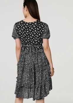Izabel London Black Floral Short Sleeve Tiered Skater Dress