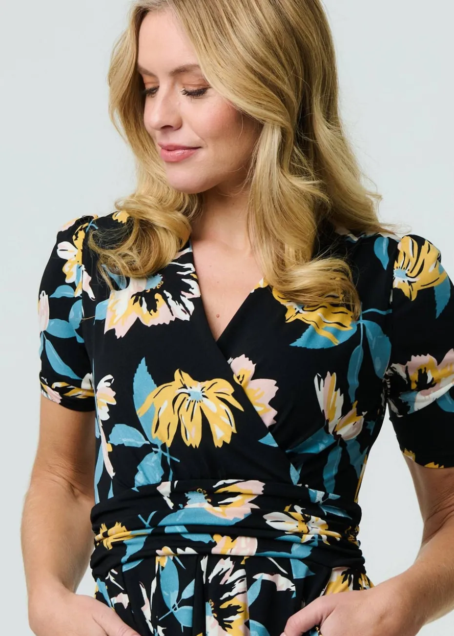 Izabel London Black Floral Short Sleeve Faux Wrap Midi Dress
