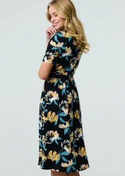 Izabel London Black Floral Short Sleeve Faux Wrap Midi Dress