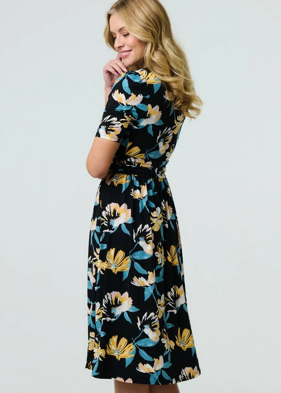 Izabel London Black Floral Short Sleeve Faux Wrap Midi Dress