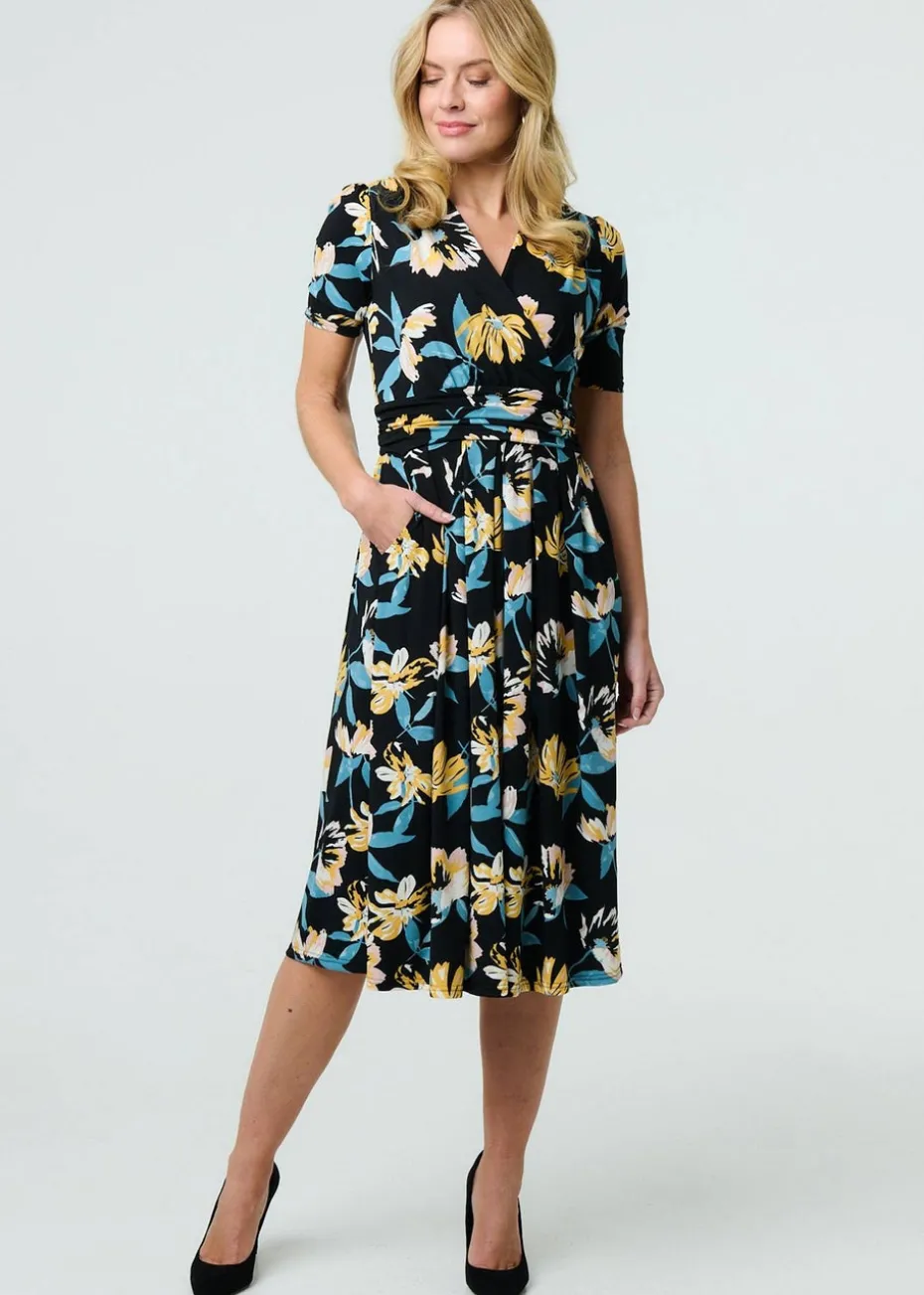 Izabel London Black Floral Short Sleeve Faux Wrap Midi Dress