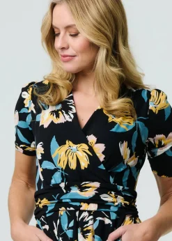 Izabel London Black Floral Short Sleeve Faux Wrap Midi Dress