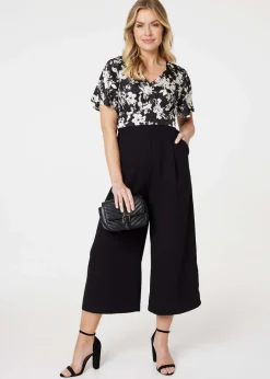 Izabel London Black Floral Block Print Wide Leg Jumpsuit