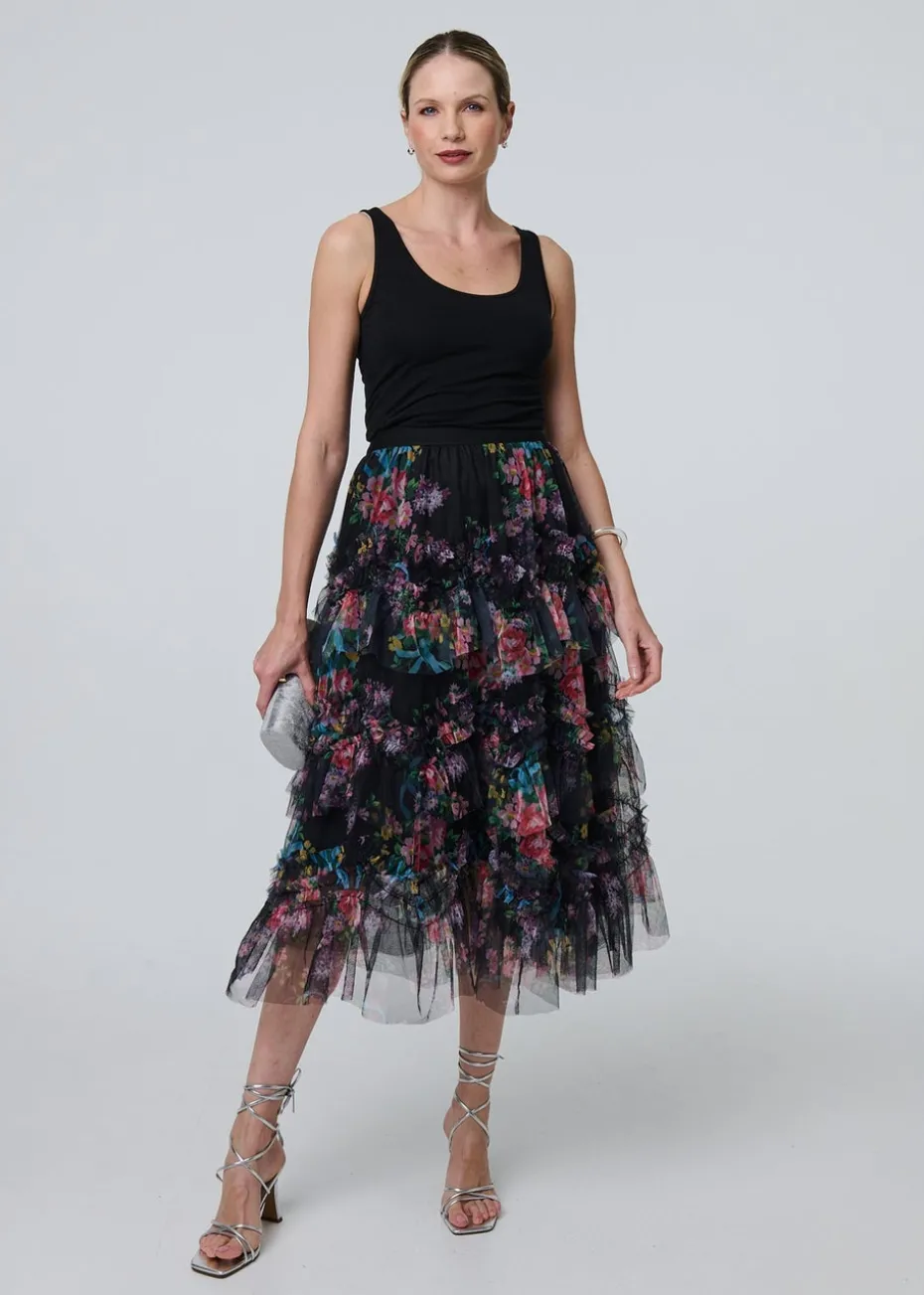Izabel London Black Floral Semi Sheer Mesh Ruffled Midi Skirt