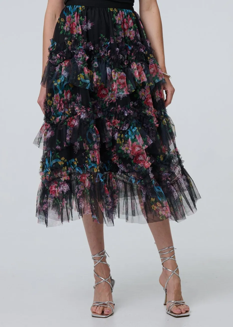 Izabel London Black Floral Semi Sheer Mesh Ruffled Midi Skirt