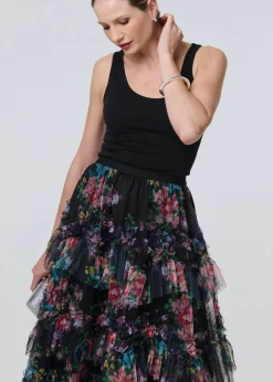 Izabel London Black Floral Semi Sheer Mesh Ruffled Midi Skirt