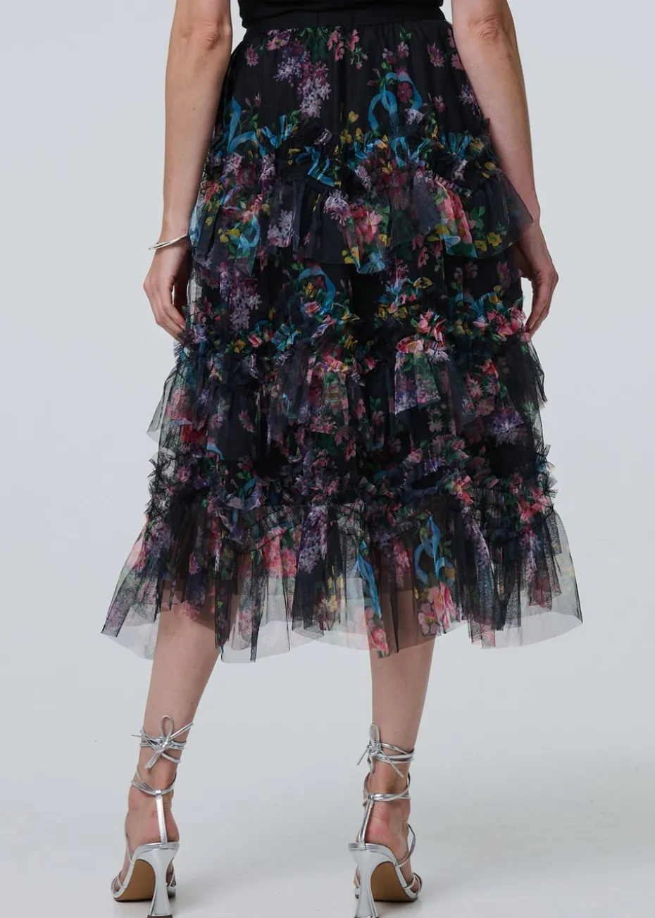 Izabel London Black Floral Semi Sheer Mesh Ruffled Midi Skirt