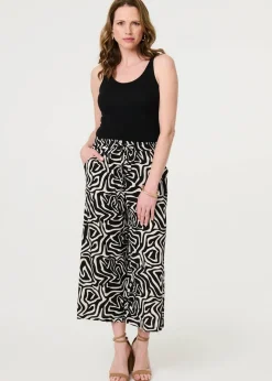 Izabel London Black Geo Print Tie Waist Wide Leg Cropped Trousers