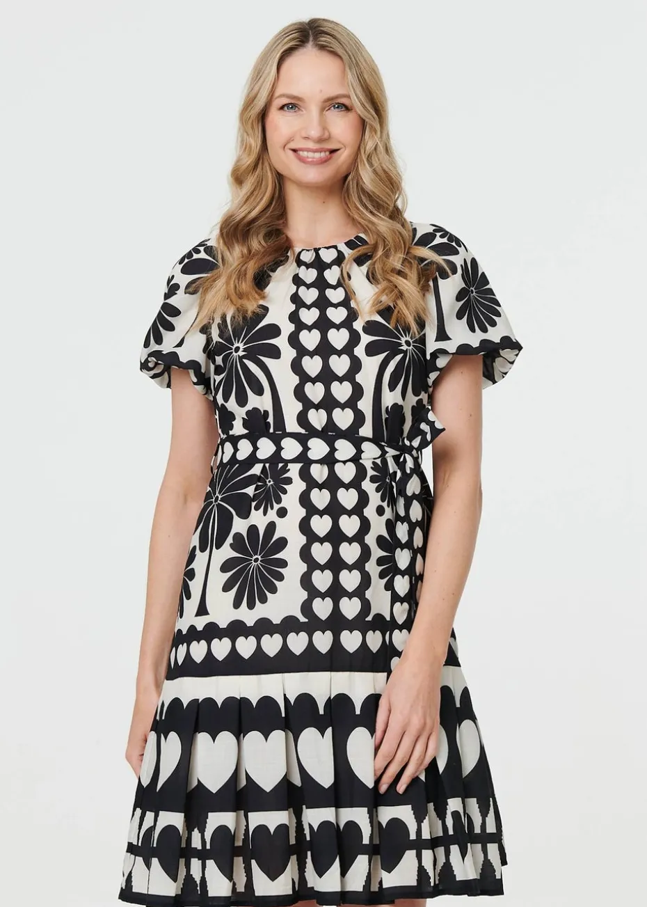 Izabel London Black Heart Print Tie Waist Short Skater Dress