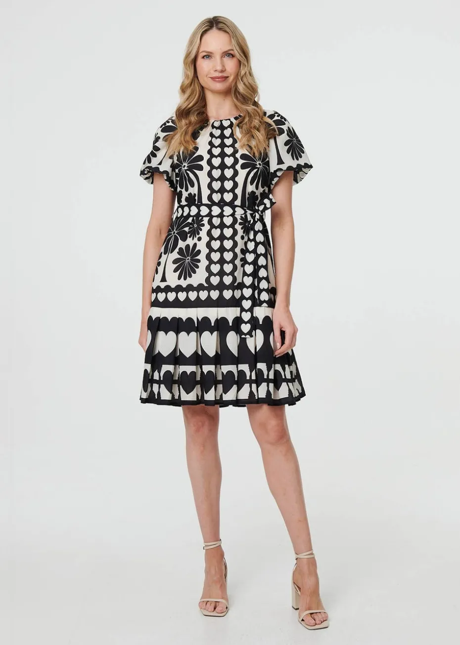 Izabel London Black Heart Print Tie Waist Short Skater Dress