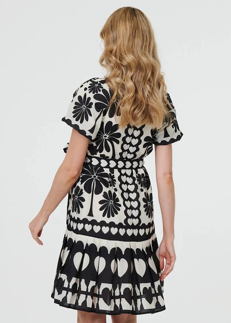 Izabel London Black Heart Print Tie Waist Short Skater Dress