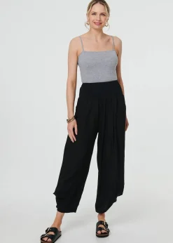 Izabel London Black High Waist Relaxed Ruched Leg Trousers