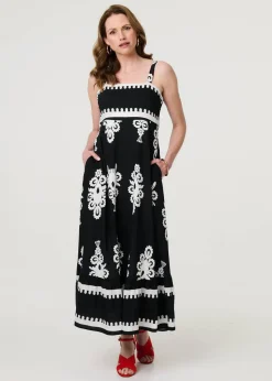 Izabel London Black Ikat Print Sleeveless A-Line Maxi Dress