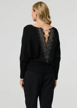 Izabel London Black Lace Trim V-Back Boat Neck Jumper Top