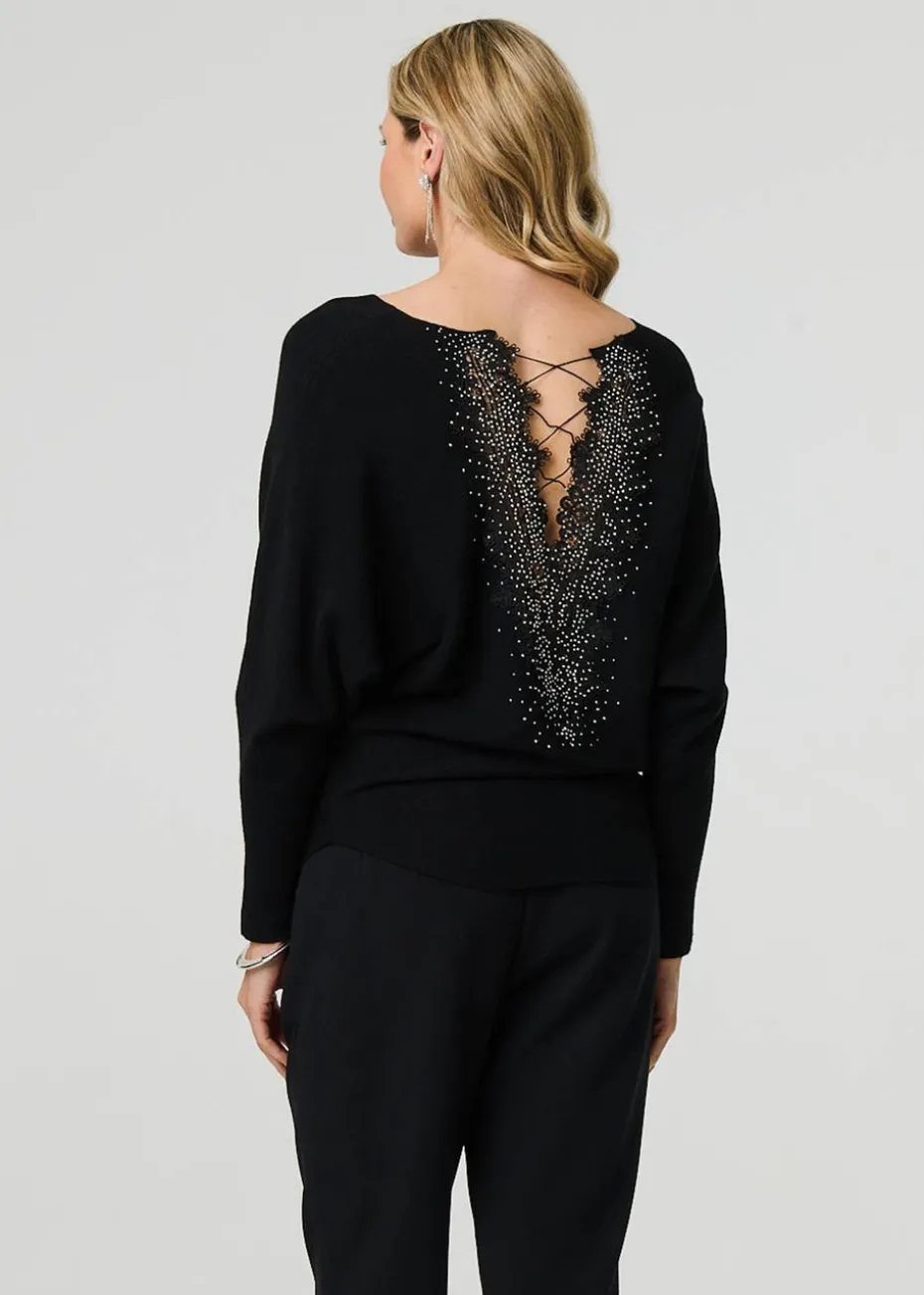Izabel London Black Lace Trim V-Back Boat Neck Jumper Top