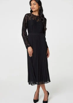 Izabel London Black Lace Trim Pleated Long Sleeve Midi Dress