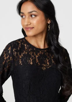 Izabel London Black Lace Trim Pleated Long Sleeve Midi Dress