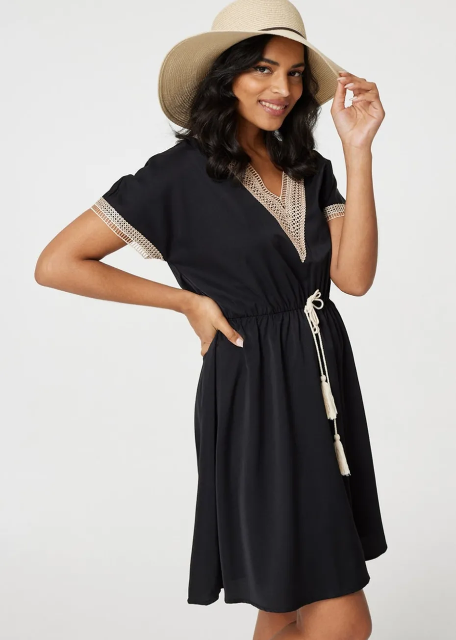 Izabel London Black Lace Tassel Waist Tie Short Dress