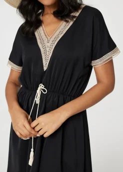 Izabel London Black Lace Tassel Waist Tie Short Dress