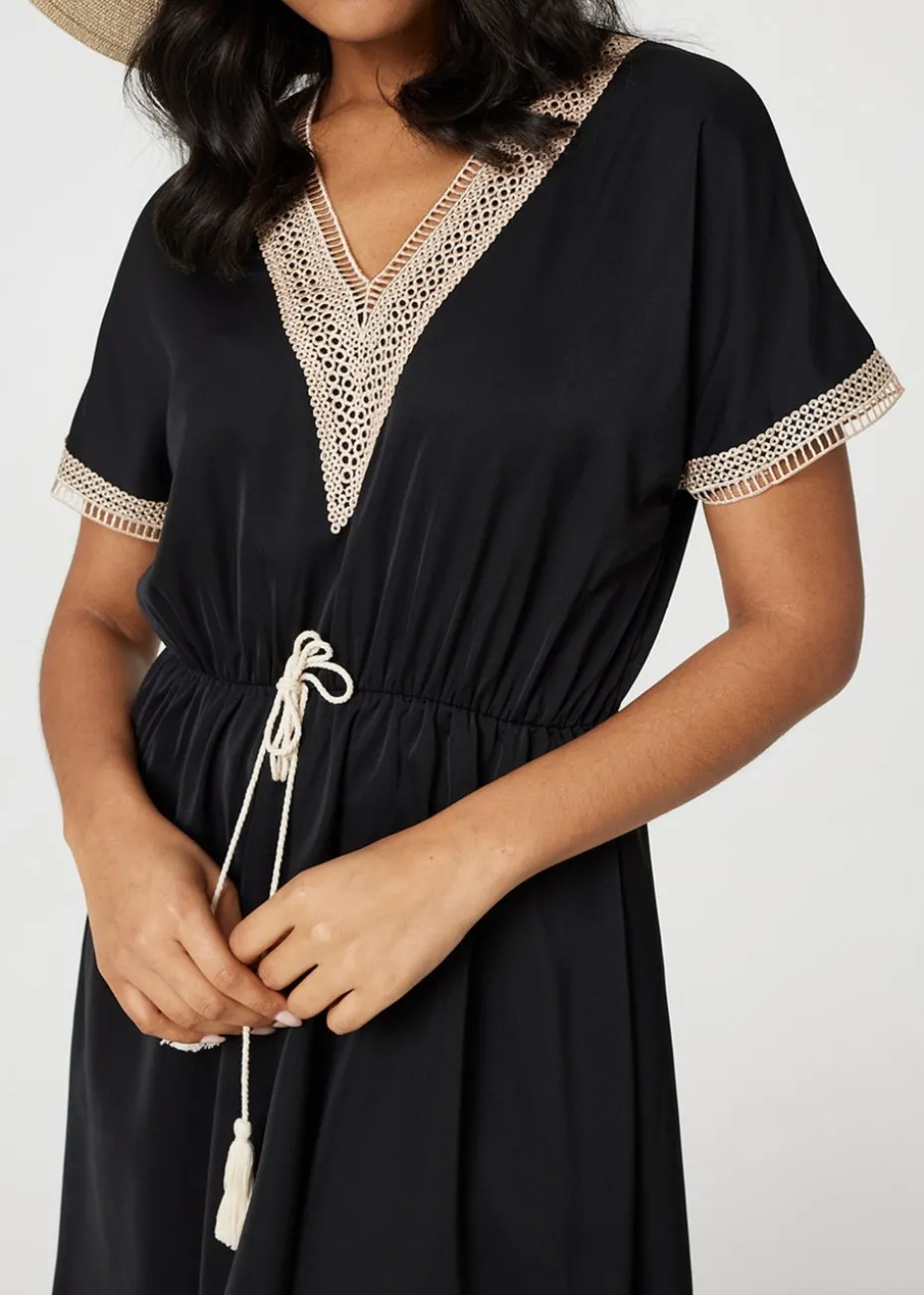 Izabel London Black Lace Tassel Waist Tie Short Dress