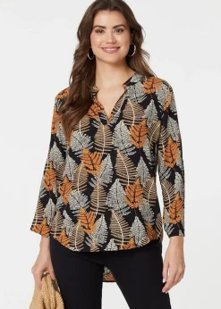 Izabel London Black Leaf Print Turn-Up Sleeve Blouse