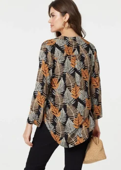 Izabel London Black Leaf Print Turn-Up Sleeve Blouse