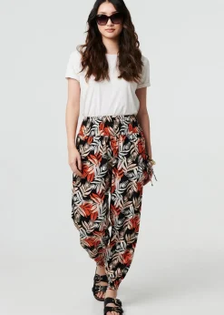 Izabel London Black Leaf Print High Waist Shirred Harem Pants