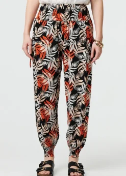 Izabel London Black Leaf Print High Waist Shirred Harem Pants
