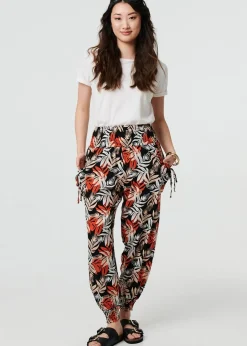 Izabel London Black Leaf Print High Waist Shirred Harem Pants