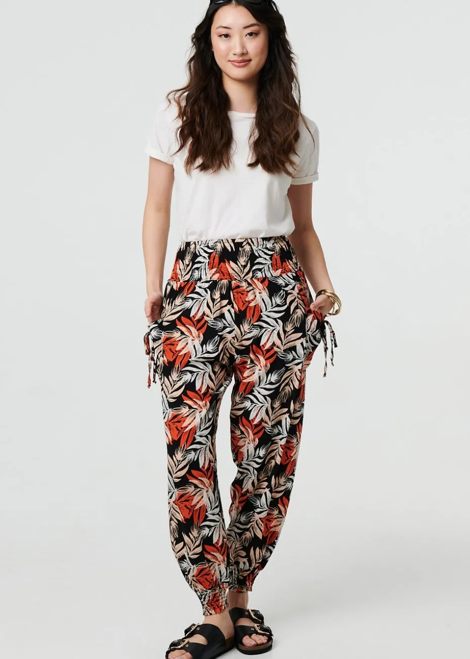 Izabel London Black Leaf Print High Waist Shirred Harem Pants
