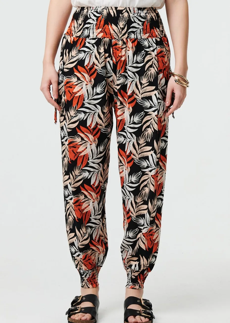 Izabel London Black Leaf Print High Waist Shirred Harem Pants