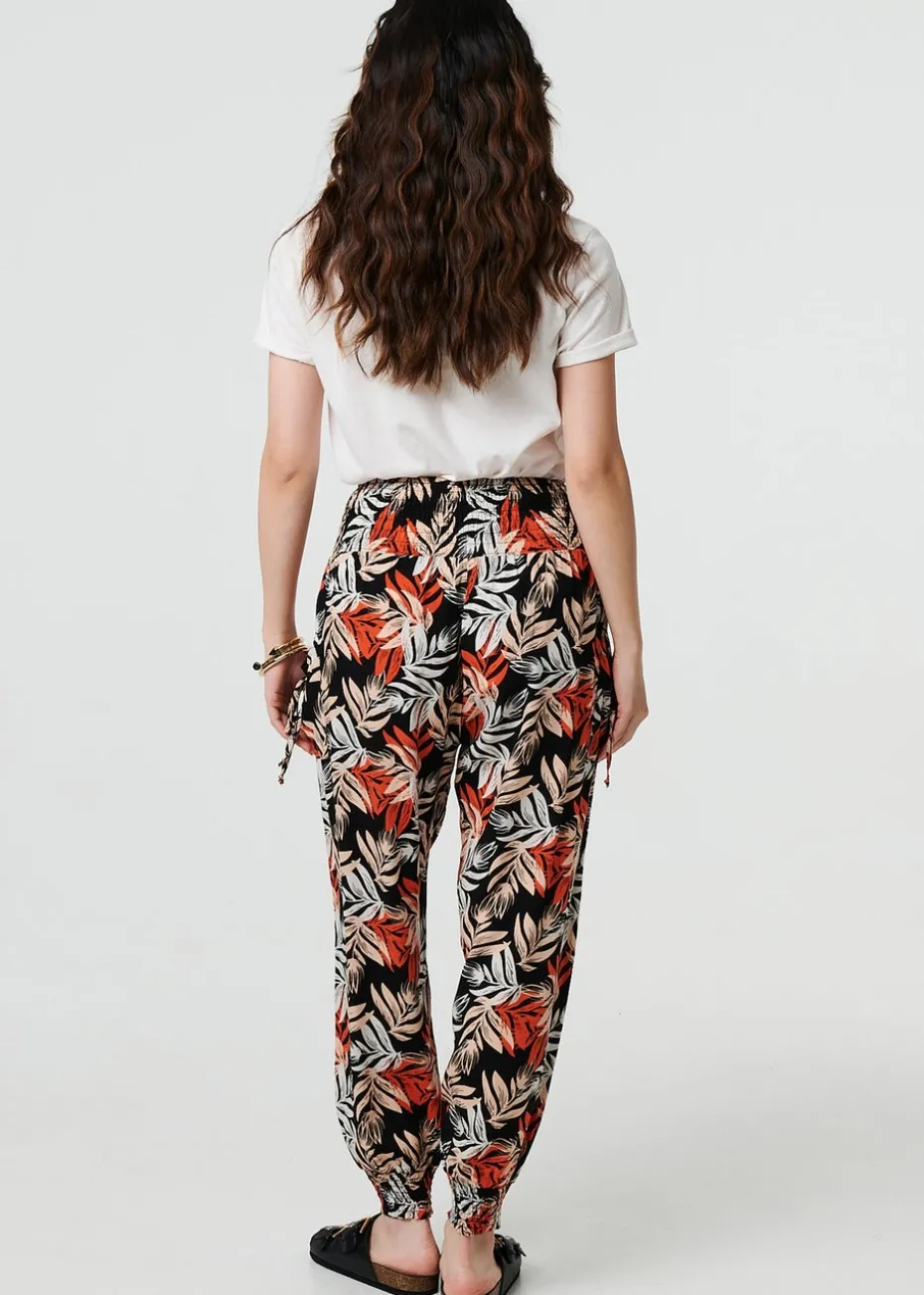 Izabel London Black Leaf Print High Waist Shirred Harem Pants