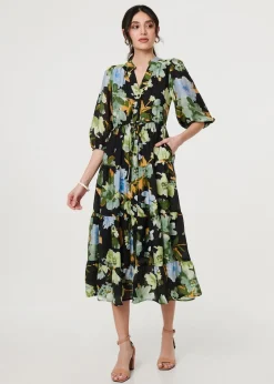 Izabel London Black Leaf Print 3/4 Sleeve Shirt Midi Dress