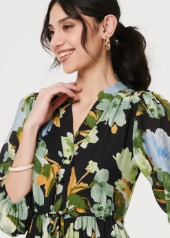 Izabel London Black Leaf Print 3/4 Sleeve Shirt Midi Dress