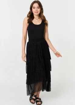 Izabel London Black Metallic Textured Tiered Midi Skirt