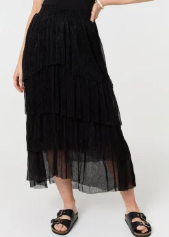 Izabel London Black Metallic Textured Tiered Midi Skirt