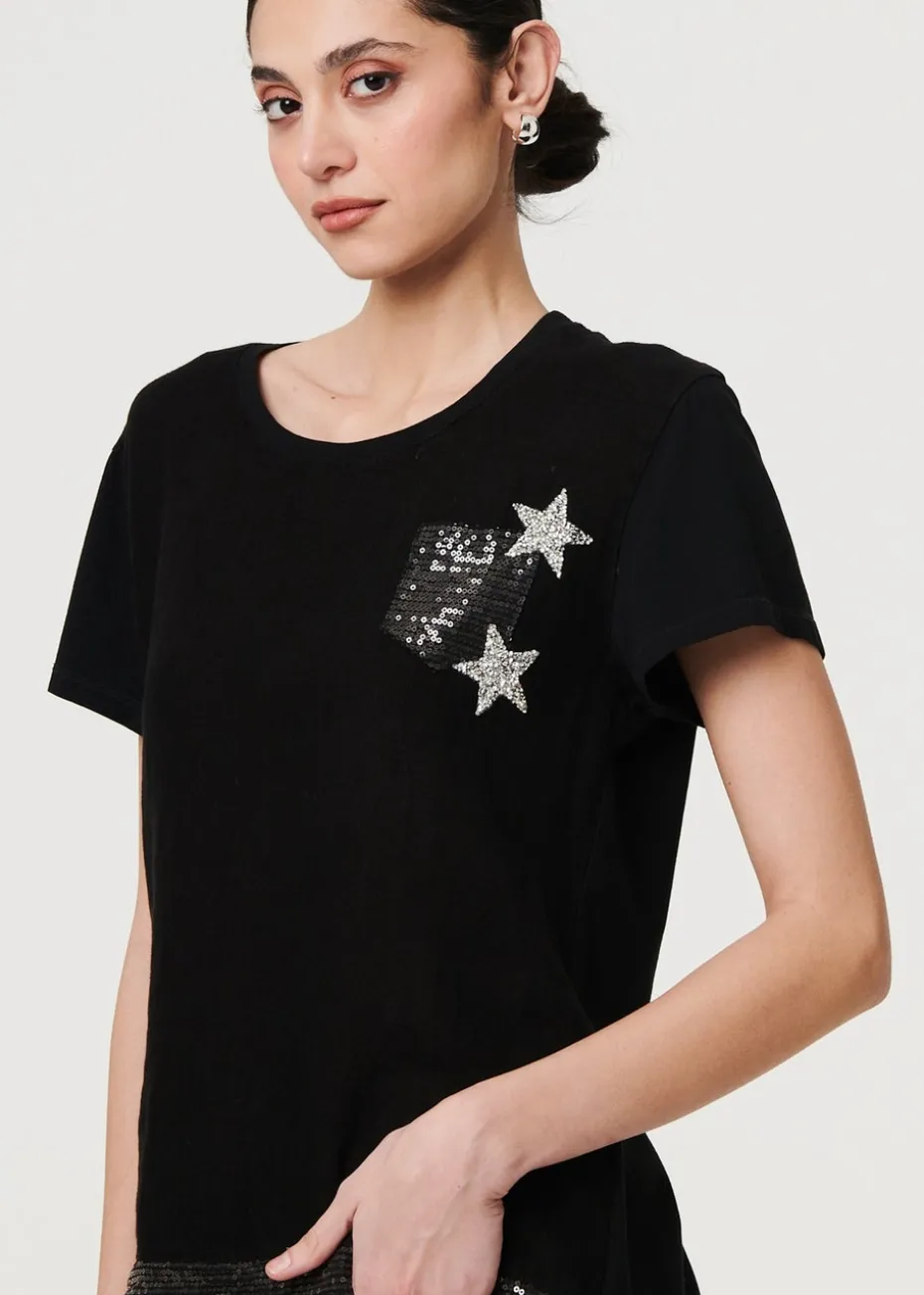 Izabel London Black Metallic Star Detail Relaxed T Shirt