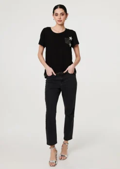 Izabel London Black Metallic Star Detail Relaxed T Shirt