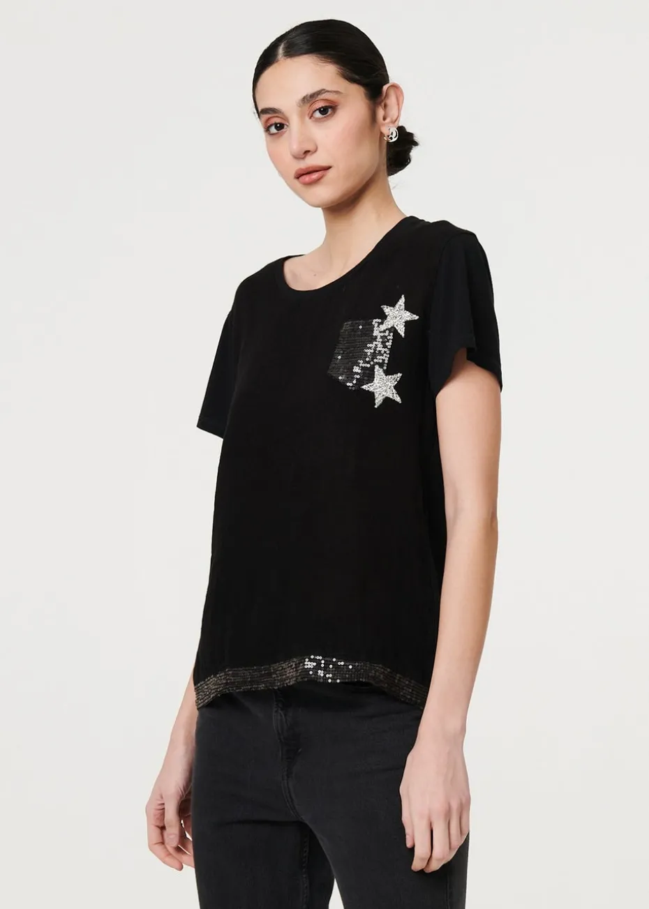 Izabel London Black Metallic Star Detail Relaxed T Shirt