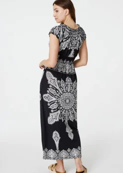 Izabel London Black Mosaic Print Cap Sleeve Maxi Dress
